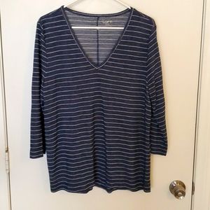 Loft Blue/White Striped Quarter Sleeve V-neck Shirt Size Large